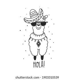 Cute llama with hat and sunglasses black and white illustration with text - hola. Vector Illustration design for cards, posters, t-shirts, invitations, birthday, room decor.