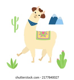 Cute llama in hat walking. Cartoon alpaca, mountains and cactuses. Template for nursery design, poster, stationery, t shirt print. Isolated vector illustration