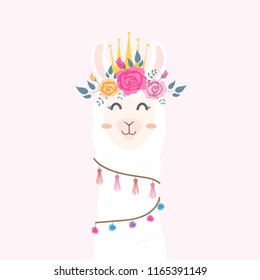 Cute llama head with flower crown. 