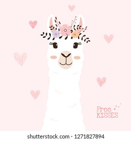 Cute llama head with flower crown. 