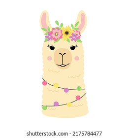 Cute llama head. Funny alpaca with flower crown. Template for nursery design, poster, stationery, birthday card, invitation, t shirt print, baby shower and party decor