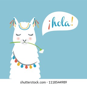 Cute llama head saying hola. Llama face for poster, cards and invitations vector illustration.