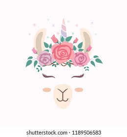 Cute llama head with unicorn horn.