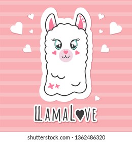 Cute  llama, hearts and the inscription i love you on a pink background