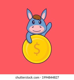 Cute llama holding coin. Animal cartoon concept isolated. Can used for t-shirt, greeting card, invitation card or mascot.