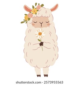 Cute llama holding daisy, on his head wreath of flowers. Flat vector illustration in simple style