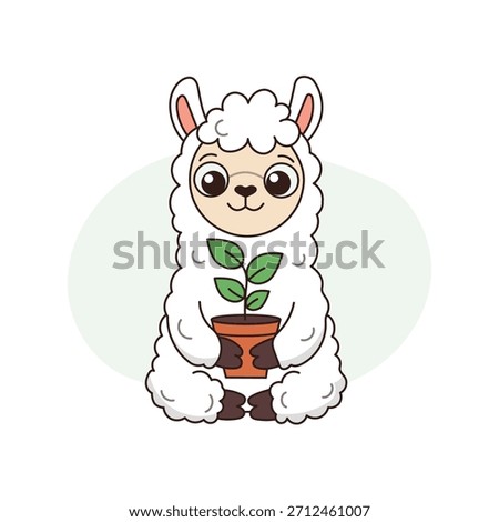 Cute llama holding a flower pot with green leaves indoors during daylight in a simple setting