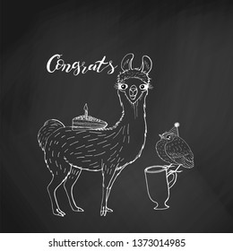 cute llama holding piece of cake and little bird sitting on a cup. hand lettering congrats. on chalkboard background. stock vector illustration.