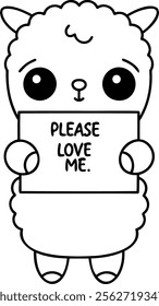 A Cute llama holding sign that says Please love me with charming expression