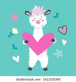 Cute llama holds a heart on a blue background. Romantic card Valentine's Day. Vector illustration with cute animals for kids