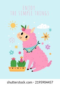 Cute llama. Holiday greeting card. Funny pink alpacas with cactuses. Motivational inscription. Peru baby animal. Happy lama character. Floral elements. Vector cartoon