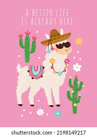 Llama. Tarjeta de saludo de vacaciones. Alfa divertida con cactús. Inscripción motivacional. Bebé peruano con sombrero mexicano. Feliz pequeño lama. Elementos florales. Vector