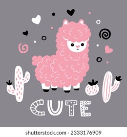 Cute llama. Holiday greeting card. Funny alpaca with cactuses. Happy little lama.Baby vector designs with pretty llama. Vector hand drawn illustration for card and shirt design, fabric textile