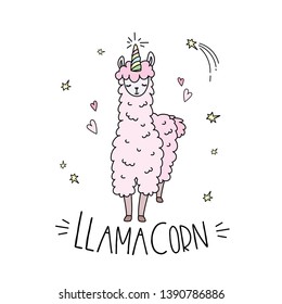 Cute llama with horn,LlamaCorn-inscription,funny doodle card with fairytale animal,isolated on white background,vector illustration