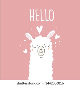 Cute Llama Illustration. Cute alpaca cartoon character. Can be used for card design, greeting or invitation card, nursery, and other. 