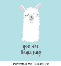 Cute Llama Illustration. Cute alpaca cartoon character. Can be used for card design, greeting or invitation card, nursery, and other.