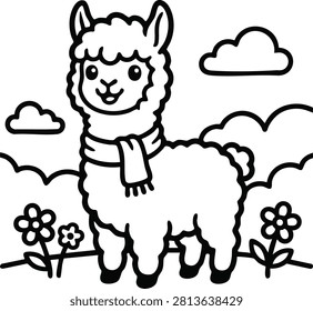 Cute llama illustration with flowers and clouds on a white background