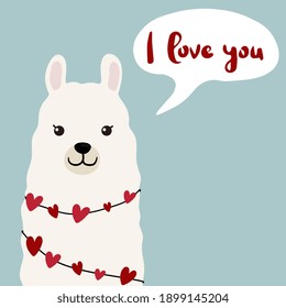 Cute llama illustration on blue background with hearts in cartoon flat style. Alpaca in love vector illustration for prints, textile, greeting cards, posters etc. Vector illustration