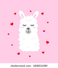 Cute llama illustration on pink background with hearts in cartoon flat style. Alpaca in love vector illustration for prints, textile, greeting cards, posters etc. Vector illustration