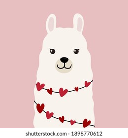 Cute llama illustration on pink background with hearts in cartoon flat style. Alpaca in love vector illustration for prints, textile, greeting cards, posters etc. Vector illustration