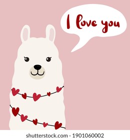 Cute llama illustration on pink background with hearts in cartoon flat style. Alpaca in love vector illustration for prints, textile, greeting cards, posters etc. Vector illustration