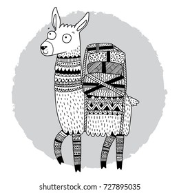 Cute llama illustration with ornaments. Lovely vector drawing.
