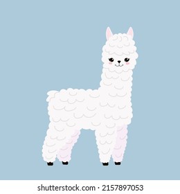 Cute Lama einzeln auf blauem Hintergrund. Funny kawaii alpaca Charakter. Cartoon-Flachstil. Vektorgrafik