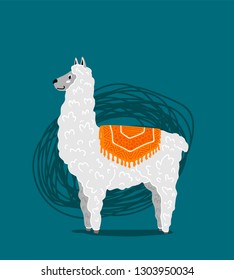 Cute llama isolated on a dark background. Vector cartoon illustration