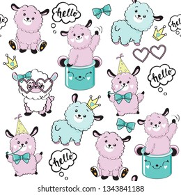 Cute llama kawaii and fluffy sheep seamless pattern