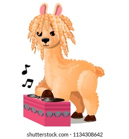 Cute llama or lama glama listening to music isolated on white background. Vector cartoon close-up illustration.