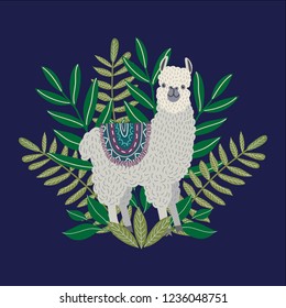 Cute llama with leaves on the blue background, design element. Hand drawing flat doodles vector Illustration