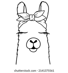 Cute Llama Line Art. Llama With Bandana. Llama Sketch Vector Illustration. Good For Posters, T Shirts, Postcards.