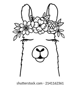 Cute Llama Line Art. Llama With Flower Crown. Llama Sketch Vector Illustration. Good For Posters, T Shirts, Postcards.