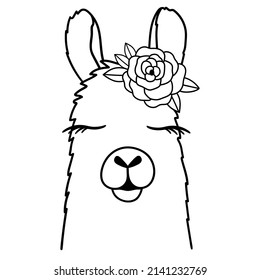 Cute Llama Line Art. Llama With Flower. Llama Sketch Vector Illustration. Good For Posters, T Shirts, Postcards.