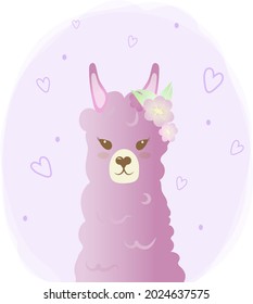 Cute llama in love with flowers on her head. Vector in flat style. Postcard with hearts and cute animals. Suitable for children's illustrations and print on a T-shirt.