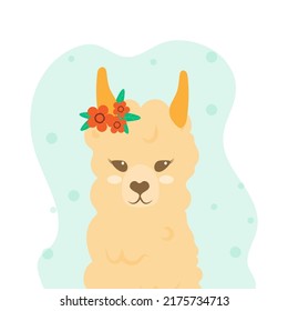 Cute llama in love with flowers on her head. Flat style vector. Postcard with peas and cute animals. Suitable for children's illustrations and t-shirt printing.