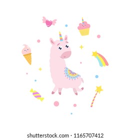 Cute llama and magical items vector illustration.