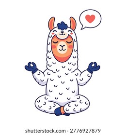 A cute llama meditates with a heart speech bubble, exuding calmness and serenity in a peaceful setting.