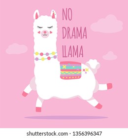 Cute llama on a pink background, vector illustration with phrase no drama lama