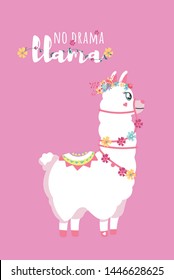 Cute llama on a pink background, vector illustration with phrase no drama lama with flower and cactus