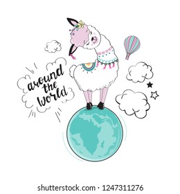 Cute llama on the planet and the inscription around the world on a white background. Travel concept