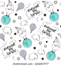 Cute llama on the planet and the inscription around the world on a white background. Travel concept seamless pattern