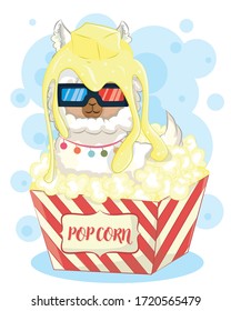 Cute llama on popcorn watching a movie, illustration render