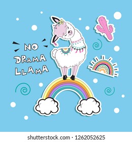 Cute llama on the rainbow and the inscription no drama llama on a blue background