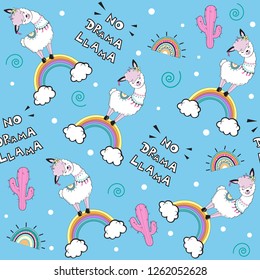 Cute llama on the rainbow and the inscription no drama llama on a blue background seamless pattern