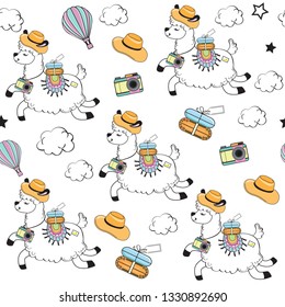 Cute llama on a white background. Travel concept seamless pattern