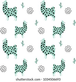 Cute llama pattern design - Trendy llama illustrations with hand drawn elements - funny llama characters with cactus in endless pattern background