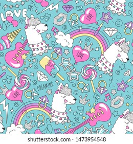 Cute llama pattern on a turquoise background. Colorful trendy seamless pattern. Fashion illustration drawing in modern style for clothes. Drawing for kids clothes, t shirts, fabrics or packaging.