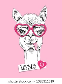 Cute Llama in a pink Hearts Sunglasses. Kisses 1$ - lettering quote. Humor Card of a Valentine's day, t-shirt composition, hand drawn style print. Vector illustration.