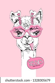 Cute Llama in a pink Lips Sunglasses with hearts. Kisses free for you - lettering quote. Humor Card of a Valentine's day, t-shirt composition, hand drawn style print. Vector illustration.